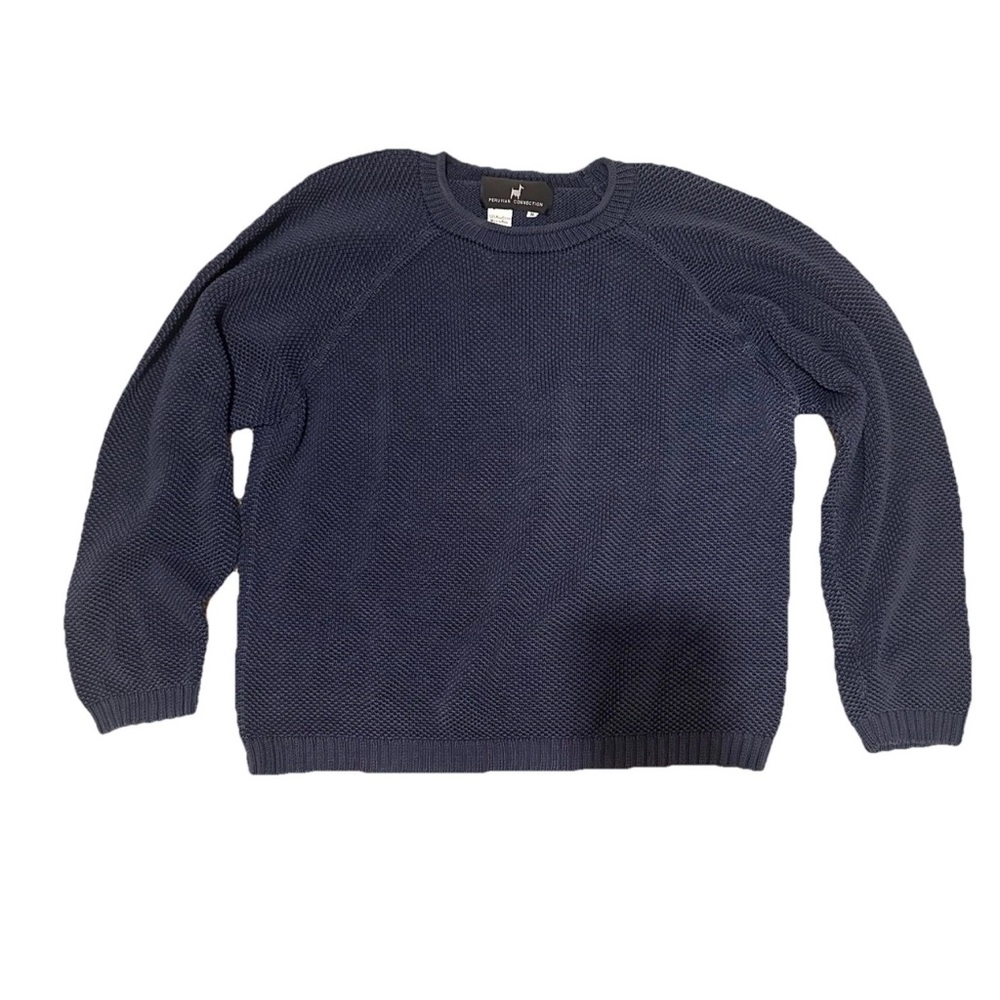 Peruvian Connection Blue 100% Pima Cotton Pullover Open Knit Sweater Size XL